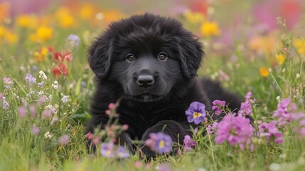 Adorable black puppy surrounded by colorful wildflowers.