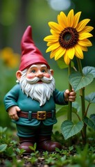 Garden gnome standing next to tall sunflower with bright yellow petals and dark green leaves, , gnomes