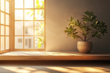Natural sunlight filters through open window onto a serene interior with a green plant in a simple pot