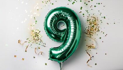 Green balloon number 9 for ninth birthday or anniversary party. White background with confetti