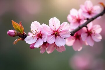 Obraz premium Pink blossoms on tilted spring branch, soft focus background , delicate, beautiful, fresh