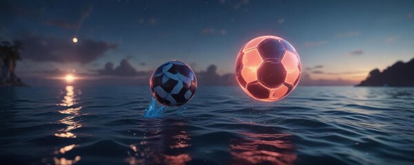 Naklejka premium Glowing neon soccer ball suspended in mid-air above a deep blue ocean surface, game, abstract