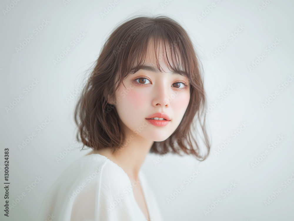 Poster ナチュラルメイクの若くて可愛いアジア人女性モデルの美容ポートレート。カットモデルのイメージ撮影。