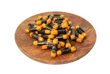 Senbei isolated, kaki no tane rice crackers, japanese crispy snack, sembei, okaki with wasabi, nori