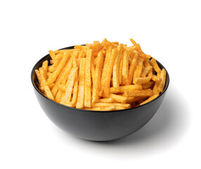 Fried chips sticks isolated, finger potato chips, golden shoestring fries pile, French fries