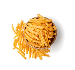 Fried chips sticks isolated, finger potato chips, golden shoestring fries pile, French fries