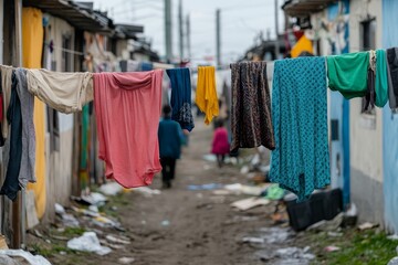 Clothes hang to dry in a poor urban alleyway.