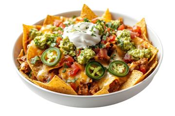 Savory Nachos with cheese toppings salsa and guacamole served in a white bowl against transparent background