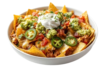 Savory Nachos with cheese toppings salsa and guacamole served in a white bowl against transparent background