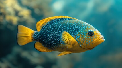 Blue and Yellow Speckled Fish Swimming in Underwater Coral Reef
