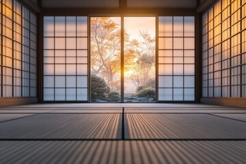 Serene Japanese room with shoji screens and autumn view at sunset in tranquil garden setting