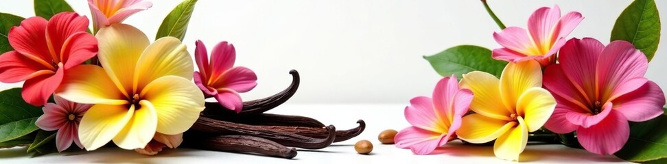 Fototapeta premium Vanilla beans in a floral wreath with mixed flowers, bouquet, wreath