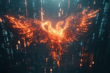 Digital phoenix rises in a burst of fiery colors against a futuristic backdrop of shimmering data streams