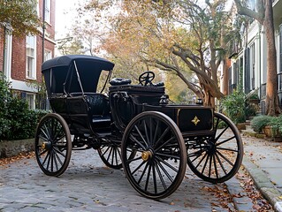 Fototapeta premium Antique car, cobblestone street, autumn