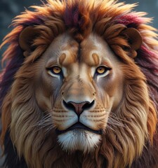 Naklejka premium Majestic lion's head with vibrant mane in a mystical aura, golden fur, mythical creature