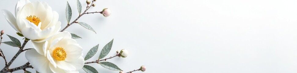Fototapeta premium White peonies and frosted birch branches against a clean white background, winter, frosty, birch