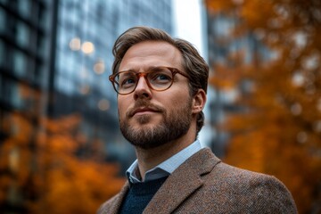 Naklejka premium Young man in stylish glasses poses confidently in an urban autumn setting with orange foliage