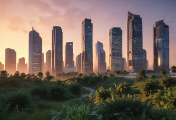 Minimalist cityscape at sunset with skyscrapers and greenery,  modern city,  evening sky,  green space