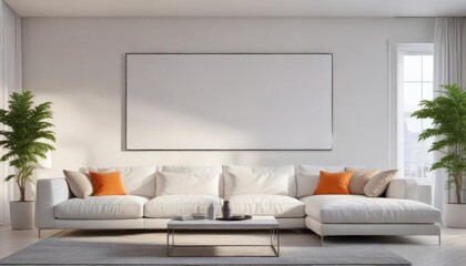Modern white living room with a large sofa and a bright poster on the wall,  decorative elements,  interior design ideas,  living rooms