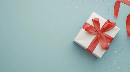 Obraz premium Red ribbon gift box on blue background, confetti