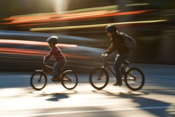 Parent teaching child bicycle balance with afternoon sunlight and copy space