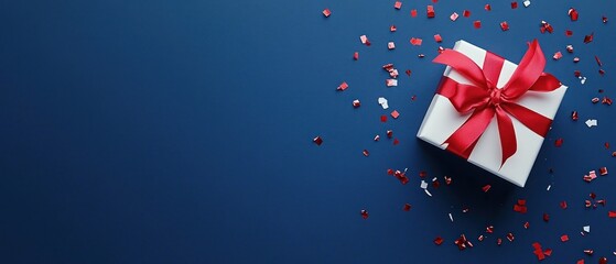 Obraz premium Red ribbon gift box on blue background with confetti