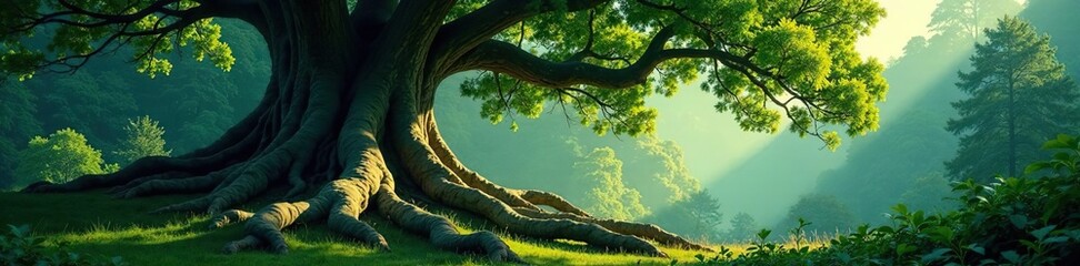 Fototapeta premium Ancient tree with sprawling roots in forest landscape, tree, fauna, greenery