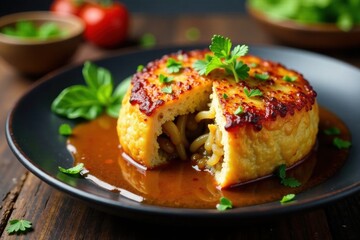 Pan-seared maultasche stuffed with caramelized onions, onions, food