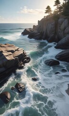 Peaceful serene ocean waves gently lapping against a rocky shoreline,  serene,  water