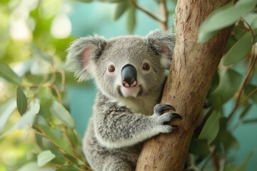 Fototapeta premium Cute koala climbing a tree while curiously sticking out its tongue in a lush environment during daylight hours