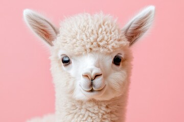 Obraz premium Cute young alpaca with fluffy coat and bright eyes against a soft pink background in a serene setting