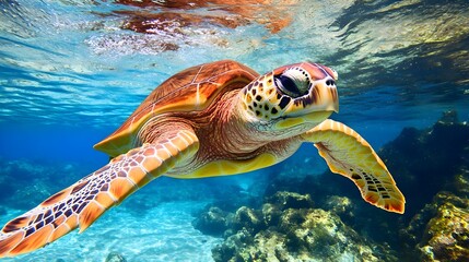 Fototapeta premium Majestic Sea Turtle Underwater Scene - Underwater Photography: The .