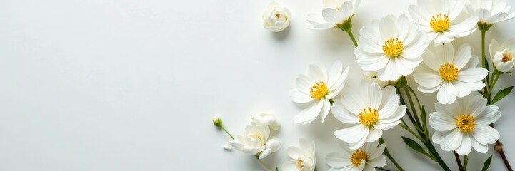 Fototapeta premium Scattered white spring blooms create a minimalist floral flatlay , floral, elegant