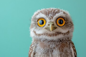 Cute owl with striking yellow eyes against a turquoise background in a charming indoor setting