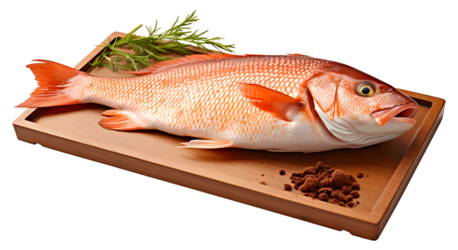 Freshly caught red snapper on a wooden board with herbs and seasoning