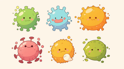 Obraz premium Colorful, cartoon-style microbes with happy expressions, showcasing diversity in shapes and colors, ideal for educational use