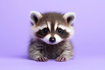 Obraz premium Cute raccoon cub resting with curious eyes against a pastel purple background