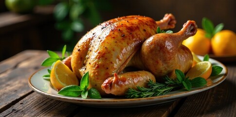 Roasted turkey on a wooden table with fresh herbs and citrus fruits, food, roasted turkey
