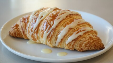 Golden-brown croissant with a delicate icing drizzle, ready to be enjoyed.
