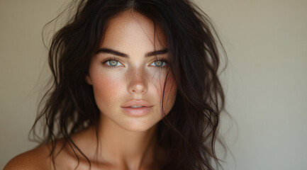Naklejka premium beautiful Caucasian woman with clear skin, cosmetic,beige background