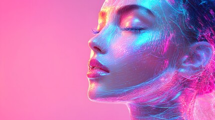 Fototapeta premium Stunning portrait of a woman's face elegantly adorned with neon colored paint creating a striking visual impact