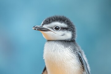 Penguin chick stands proudly against a soft blue background showcasing its fluffy feathers and curious expression