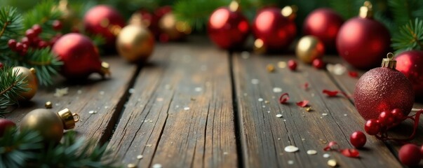 Vintage Christmas ornaments scattered on a wooden table , ornaments, festive