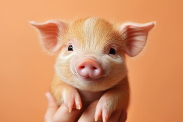 Fototapeta premium Cute piglet being held against a warm orange background while looking playfully at the camera