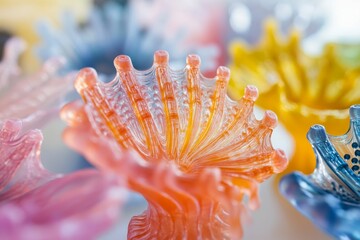 Colorful translucent artistic decorative shells displayed in soft focus.