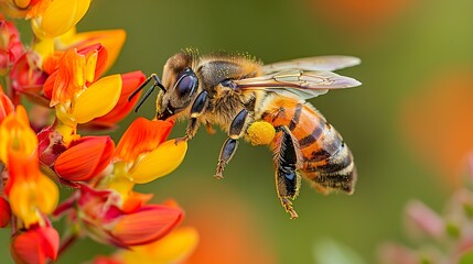 A bee hovering over a field of wildflowers.  HD 8K wallpaper Photographic Image