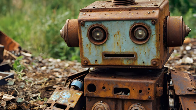 Rusty Robot in Junkyard: An aged and weathered robot stands amidst the remnants of its former environment, its metal casing bearing the marks of time and disuse - Powered by Adobe