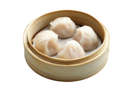 Close up of four steamed shrimp dumplings in a bamboo steamer basket with transparent background