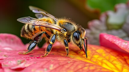 A bee landing on a petal to gather nectar.  HD 8K wallpaper Photographic Image