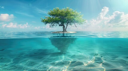 Serene isolated tree on a small island in crystal-clear water, surrounded by a vibrant sky and distant clouds